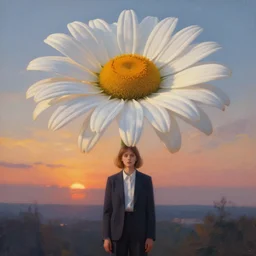 giant daisy flower over head, frontal, a girl in a suit, surreal photography, sunrise, dramatic light, impressionist painting, digital painting, artstation, simon stalenhag