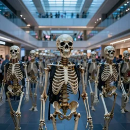 hyperrealistic skeleton army mall in background ute osterwald jason limon concept art dramatic blue lighting wide angle hd 8k sharp shallow depth of field