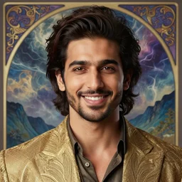 close up portrait, friendly avan jogia prince mage, abstract storm and mountain background, ornate alphonse mucha, rhads, ross tran, artstation, artgerm, octane render, 1 6 k
