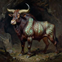 a shaded painted full body illustration of a male minotaur with glowing tribal skin markings in a dark cave environment with a bovine head, painterly, detailed, art - deco artwork by pascal campion and ralph mcquarrie in the style of isaac levitan, savrasov, arkhip kuindzhi, t allen lawson and ian fisher and sidney richard percy