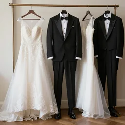 a pauper collé of wedding dresses and tuxedos