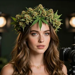 vanessa alexander a goddess of weed, crown on head with marihuana leaf, shot from professional camera, ultra realistic, beatiful lights