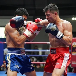 Jacob Rees Mogg dressed as a kickboxer, aggressively fighting in thailand