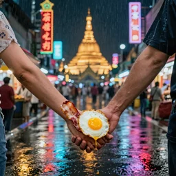 a bacon and fried egg hold hands, the streets of myanmar, night time, neon lights, raining, romantic, ultra realistic, 4k, art station, unreal engine