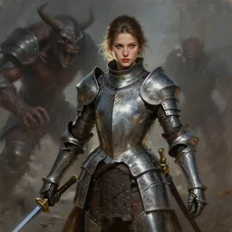 perfectly - portrait of a beautiful female knight character fighting monster, intricate, highly detailed, digital painting, loose brush strokes, realistic shaded lighting, artstation, concept art, smooth, sharp focus, illustration, realism, oil painting, unreal engine 5, 8 k, art by sam spratt and peter mohrbacher