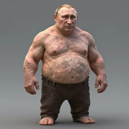 Detailed image of Vladimir Putin full-length, slug-like, with detailed face, 8k game style, wearing only pants, bare torso, his body is old and ugly with sagging old skin