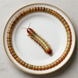 fancy dinner plate decorated with mealworms. highly detailed