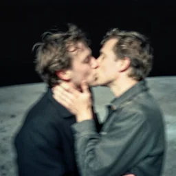 a smudged, grainy and blurry photograph of two men kissing on the moon, taken with soviet flash camera at slow shutter speed, artistic film photography, expired analog experimental