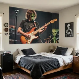 wide - shot of an alien teenager's bed room, on the wall is a huge photo of guitarist roy buchanan playing his telecaster