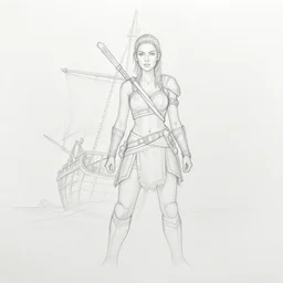 A beautiful female warrior on a pirate ship at a deserted island, very faded outline, realism pencil drawing on white paper, bald lines
