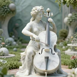 an idealistic marble statue with fractal flowery hair in a fractal garden playing a cello made of marble, unreal engine, 8 k render, beautiful, full frame,