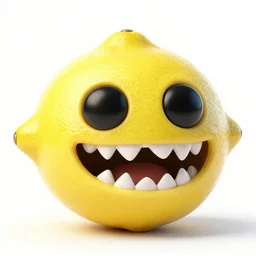a lemon demon with a lot of black eyes and sharp teeth like venom