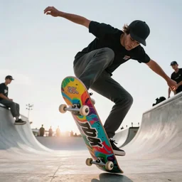 professional photo of a skateboarder performing a grab trick, focused on brightly colored deck, thrasher magazine, 8 k, bokeh, bright ambient lighting key light, 8 5 mm f 1. 8