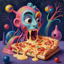 an extremely high quality hd surrealism painting of a 3 d perspective neon complimentary - colors cartoon surrealism melting sculptural biological anatomical zaha hadid dripping pizza sandwich by a much more skilled version of kandinskypicasso and salvia dali the third, salvador dali's much much much much more talented painter cousin, 8 k, ultra realistic, very realistic, nerves, veins, neurons
