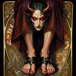 portrait of a demon wearing toe shoes ( vibram five fingers ), digital art, technicolor, grim - lighting, high - contrast, intricate, elegant, highly detailed, centered, digital painting, artstation, concept art, smooth, sharp focus, illustration, artgerm, greg rutkowski, alphonse mucha, karol bak, victo ngai