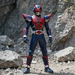 High Fantasy Kamen Rider, single character full body, 4k, glowing eyes, rock quarry location, daytime, rubber suit, pvc armor, dark blue with red secondary color dragon inspired segmented armor, ultra realistic, vibrant colors, Cinematography