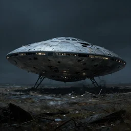 abandoned crashed ufo, matte painting, concept art, art station landscape, greg rutkowski, cinematic lighting hyper realistic painting, dark atmosphere