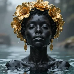 hyperrealistic post rococo cinematic very expressive! black oshun goddess, in water up to her shoulders, mirror dripping droplet!, gold flowers, highly detailed face, digital art masterpiece, smooth eric zener cam de leon dramatic pearlescent back lighting, low angle uhd 8 k, sharp focus