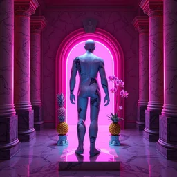 “ one centered!!!!!!!!!! beautiful mannequin made of marble printed in 3 d geometric neon kintsugi!!, facing a giant doorway opening with a neon pink light, vaporwave pineapples + orchids, inside a room with marble columns, transcendent, vibrant color, clean linework, finely detailed, 4 k, trending on artstation, photorealistic, volumetric lighting, octane render ”