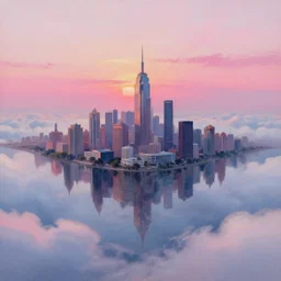a beautiful city floating in the clouds during a pink sunset, colored oil painting