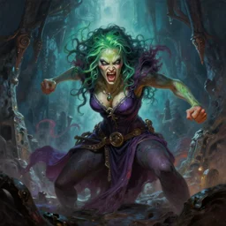 A fierce and wild slime-woman is raging throughout the grimdark dungeon depths. trending on Pixiv. trending on ArtStation. A vibrant digital oil painting. A highly detailed fantasy character illustration by Wayne Reynolds and Kev Walker and Gustave Dore and Carl Critchlow and Bram Sels
