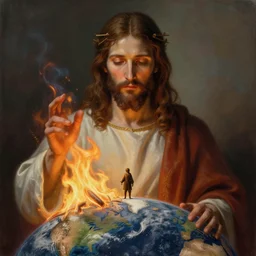 portrait painting of a jesus setting fire on earth, ultra realistic, concept art, intricate details, highly detailed, photorealistic, octane render, 8 k, unreal engine. art by artgerm and greg rutkowski