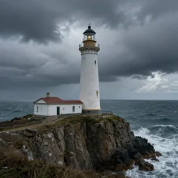 stormy sea and dramatic sky, a lighthouse on a cliff, artstation, realistic, moody