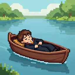 harry potter sleeping in a boat on a river, pixel art