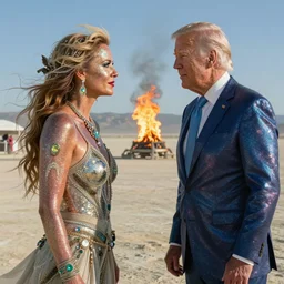 a very very detailed photo of Joe Biden attending Burning Man on the Playa with Donald Trump both covered in body glitter, very very detailed, photorealism, Photoshop, very coherent, HD