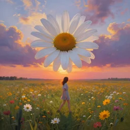 giant daisy flower as head, full body girl walking in a flower field, surreal photography, sunrise, dramatic light, impressionist painting, colorful clouds, digital painting, artstation, simon stalenhag