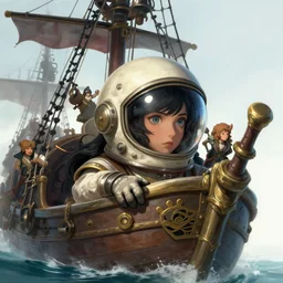 a pritate with an astronaut helmet with long black hair on a pirate ship, d & d, sea of thieves, fantasy digital painting, trending on artstation, concept art, sharp focus, illustration, global illumination, ray tracing, realistic shaded, art by artgerm and greg rutkowski and fuji choko and viktoria gavrilenko and hoang lap