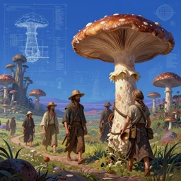 group of portobello mushroomfolk merchant nomads walking through a psychedelic landscape, in the style of Greg Broadmore and Arthur Rackham and Moebius, trending on artstation, light lighting side view,digital art,surrealism ,macro,blueprint ,vaporwave ,