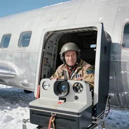 polaroid of andes plane survivor sitting in fuselage in the snow on a bright sunny day 3 5 mm cinematic