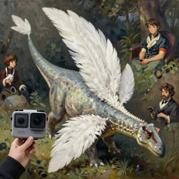 feathered brontosaurus, national geographic, go pro drone footage, ilya kuvshinov, john singer sargent, anime, trending on artstation, oil painting, intricate