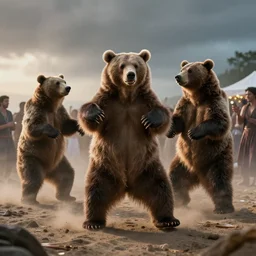 Bears dancing at a party at the beach, cinematic, atmospheric, 8k resolution, ArtStation, Hyperrealistic