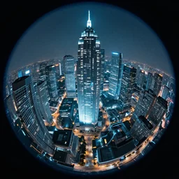 a futuristic cybercity, fish-eye lens