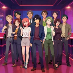 a group of people standing in a club, concept art by okuda genso, pixiv contest winner, color field, anime aesthetic, official art, vivid colors