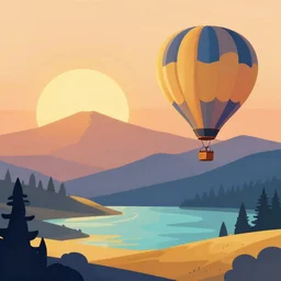 sunrise mountain water hot air balloon illustration vector digital art by amiyakinyu trending on artstation