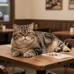 photograph of a fat cat lying on a restaurant table 4k, high details, trending on Artstation