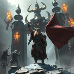 the viking stands triumphantly as he enters the gates of valhalla. highly detailed, digital painting, artstation, smooth, sharp focus, illustration, masterpiece, art by ruan jia and jakub rebelka and artgerm