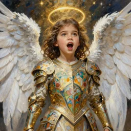 realistic detailed painting of a 1 6 - year old girl who resembles kanye west, mouth open, glowing, as an angel with a golden halo and white, feathered wings, wearing intricate, detailed full - plate art nouveau style armor, by alphonse mucha, ayami kojima amano, charlie bowater, karol bak, greg hildebrandt