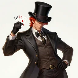 a highly detailed illustration of stylish top hat wearing red haired attractive man, wearing suit vest, flashy leaning back holding playing cards pose, intricate, elegant, highly detailed, centered, digital painting, artstation, concept art, smooth, sharp focus, league of legends concept art, WLOP