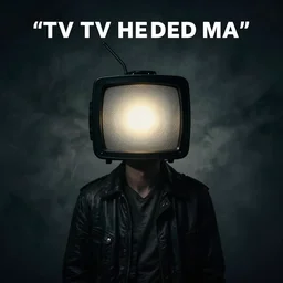 TV Headed Man, ominous, wide shot, photo, gloomy, moody