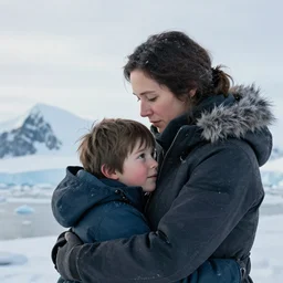 unconditional love of the mother Antarctica embracing her son, cinematic, establishing shot, extremely high detail, photorealistic, cinematic lighting, intricate line drawings, 8k resolution