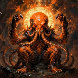 portrait of orange and black cthulhu by greg rutkowski and egon schiele
