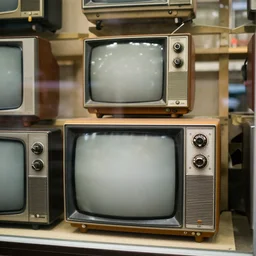 old televisions are on display behind glass in a store