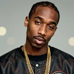 headshot of young tupac shakur wearing gold chains, and dickies pants with a belt, photoshoot in the style of annie leibovitz, studio lighting, soft focus, bokeh