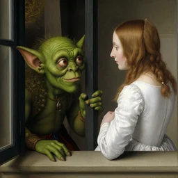 a green-horned goblin monster peeks through a window, staring at a woman in a white dress, by Jan van Eyck