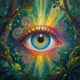 a painting of a giant psychedelic eye in a jungle, god rays, beautiful colors, surrealism, visionary art, fractals, matte painting, by christophe vacher