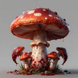 a royal king mushroom as a monster, scary, bloody, unreal engine, digital art